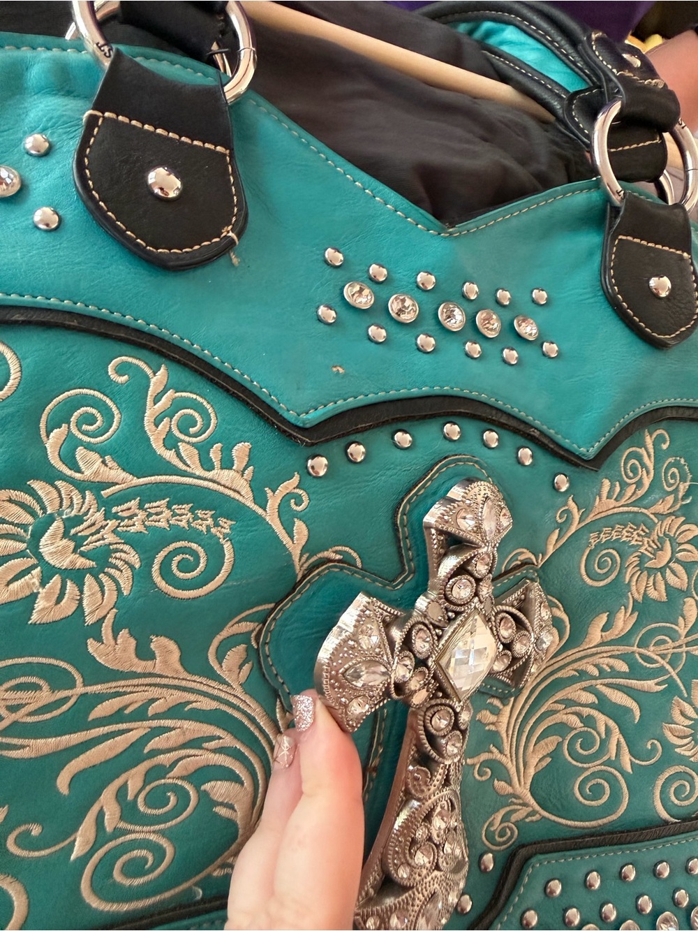 Turquoise Embroidered Shoulder Tote with Rhinestone Cross - Picture 5 of 7